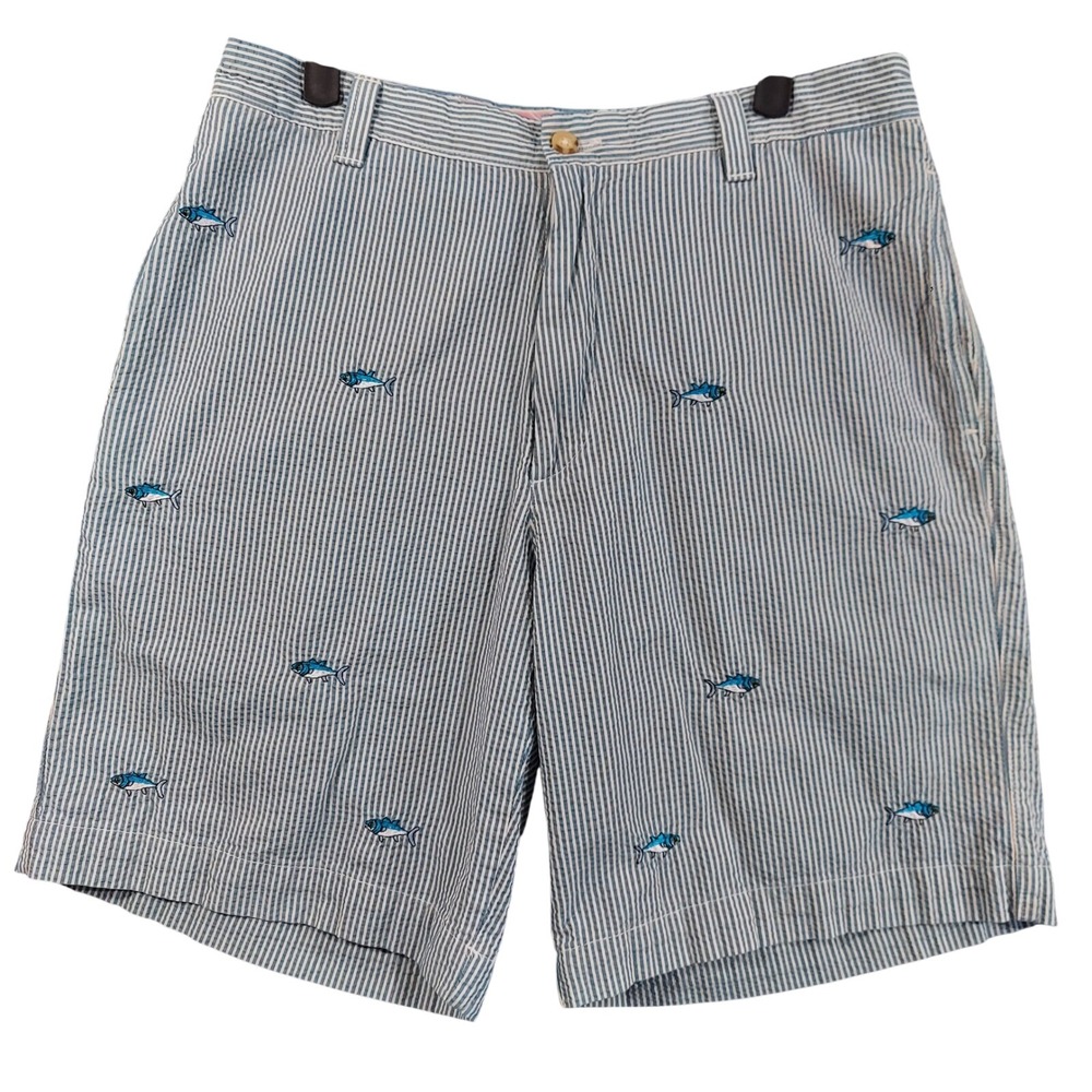 Washed Stoned Beaten Shorts Men 34 (Fits 32) Seersucker Embroidered Fish Marlin